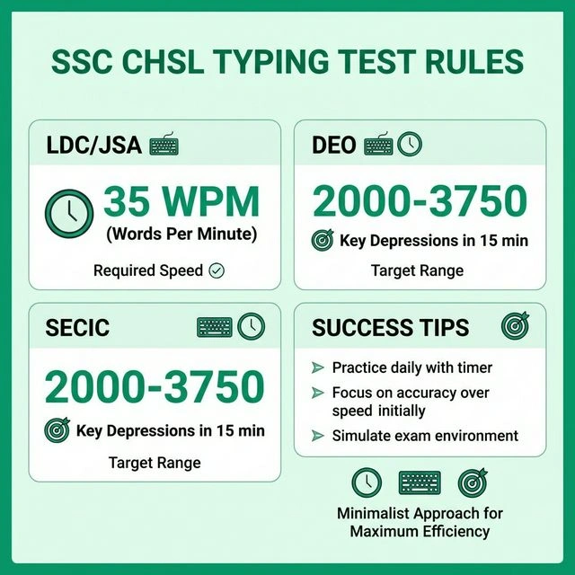 SSC CHSL Typing Rules Infographic showing 35 WPM requirement for LDC and 8000-15000 KDPH for DEO posts